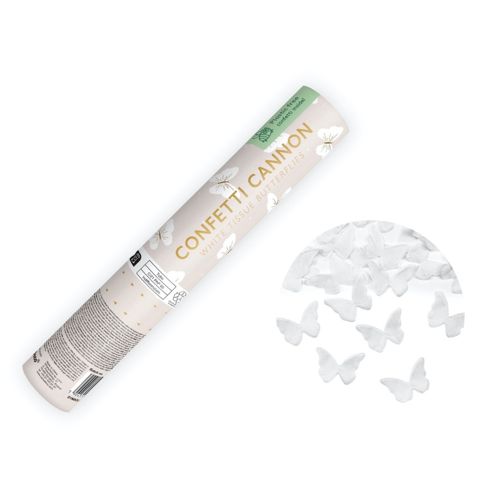 Confetti cannon - butterflies, white, 20 cm