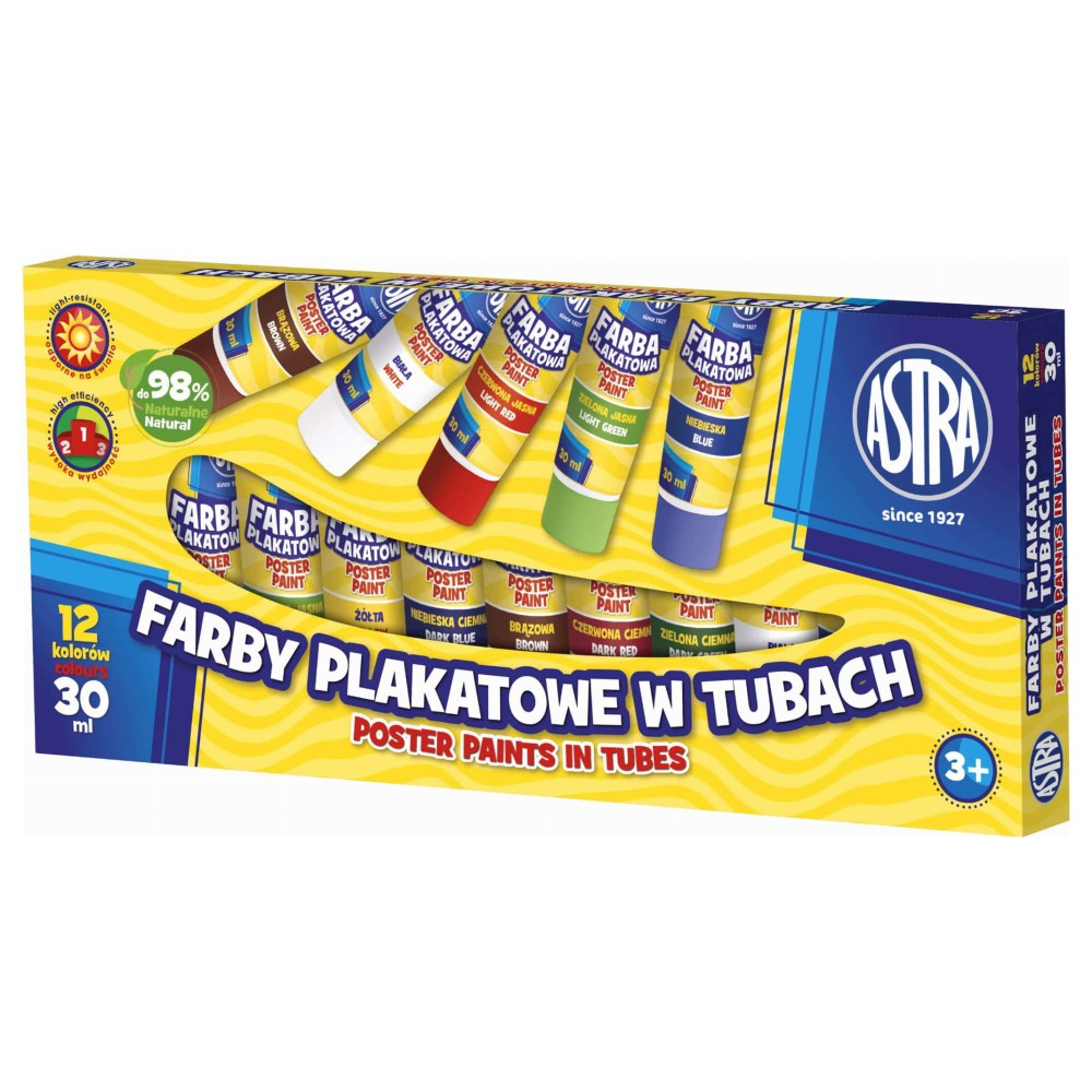 Farby plakatowe w tubkach - Astra - 12 kolorów x 30 ml