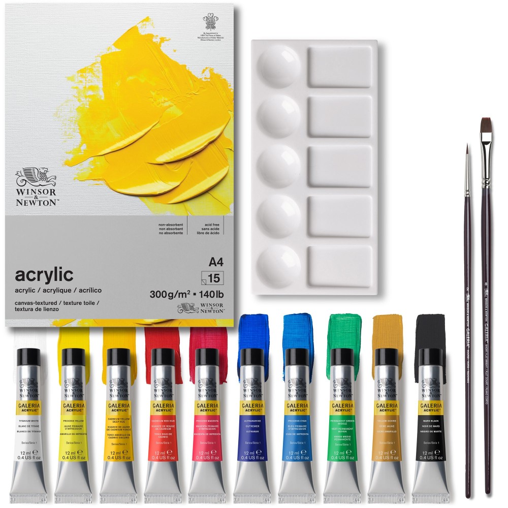 Zestaw farb akrylowych Galeria z akcesoriami - Winsor & Newton - 14 szt.