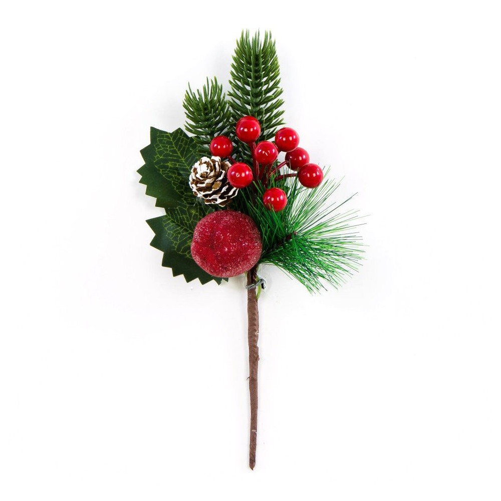 Gałązka świąteczna z jabłkiem, szyszką i żurawiną - 24 cm