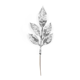 Glitter branch with leaves - silver, 22 cm