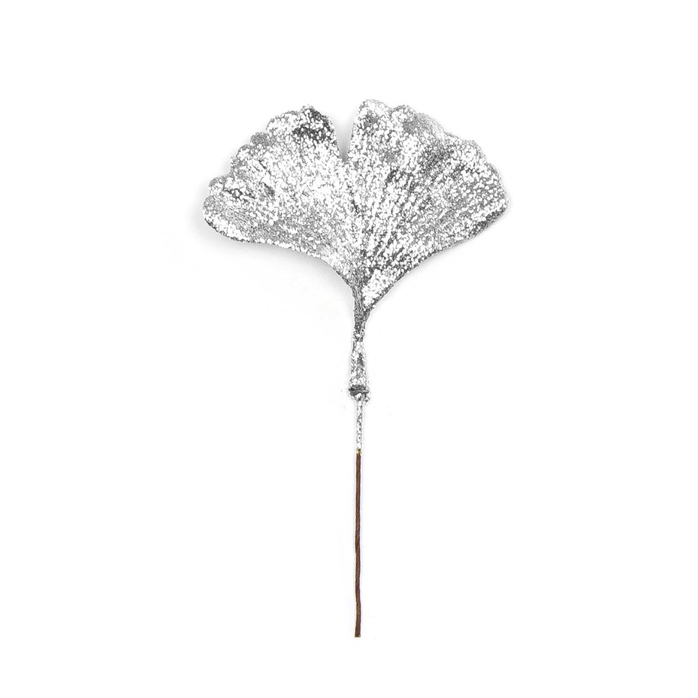 Gałązka brokatowa Miłorząb - srebrna, 14 cm