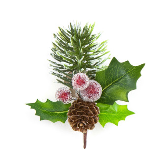 Christmas tree branch with holly, mistletoe and pinecone - 11 cm