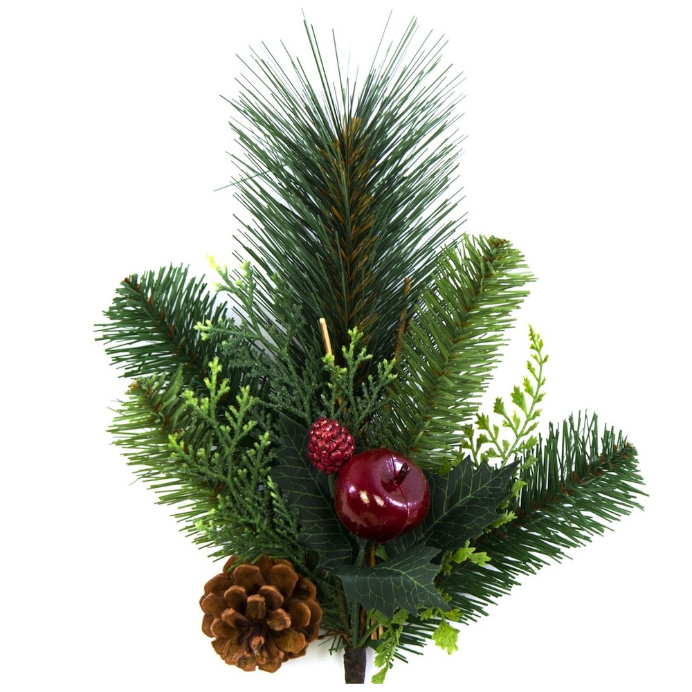 Gałązka świąteczna z szyszką i jabłkiem - zielona, 40 cm