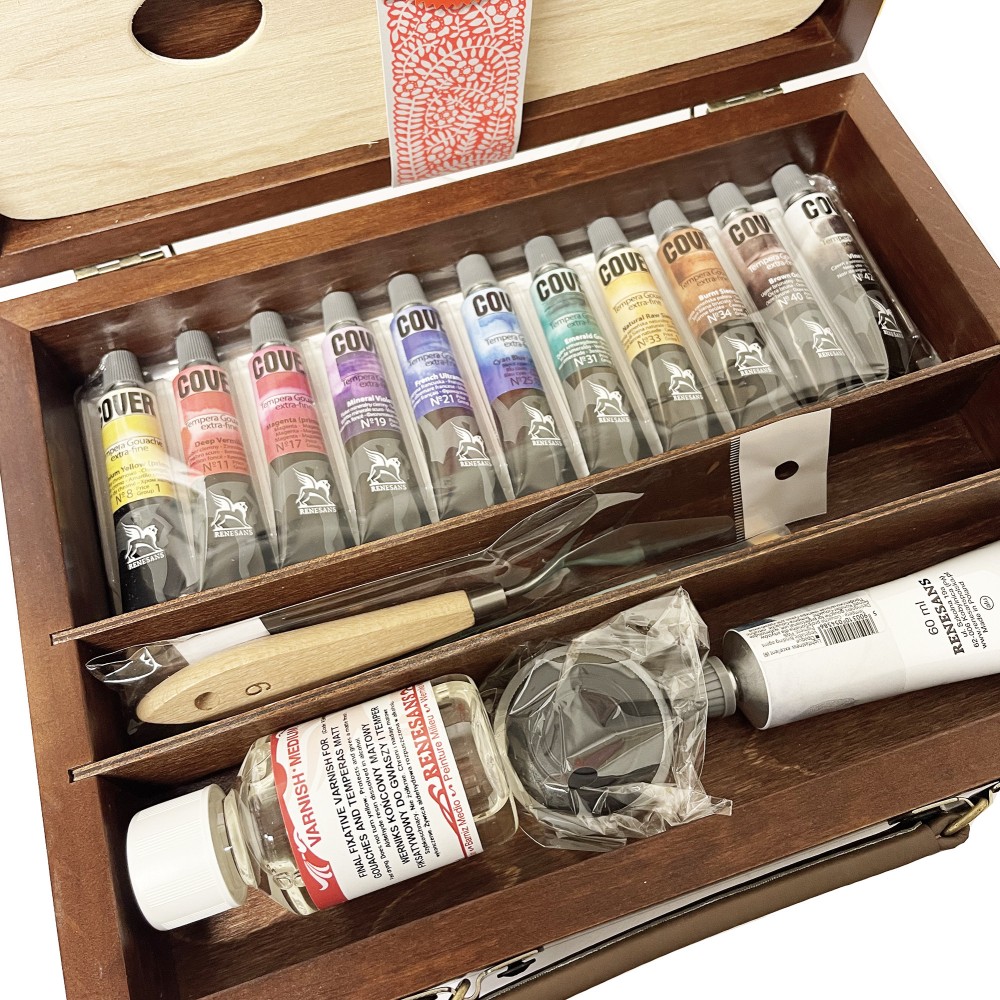 Set of Tempera Gouache Cover paints in wooden case - Renesans - 17 pcs.