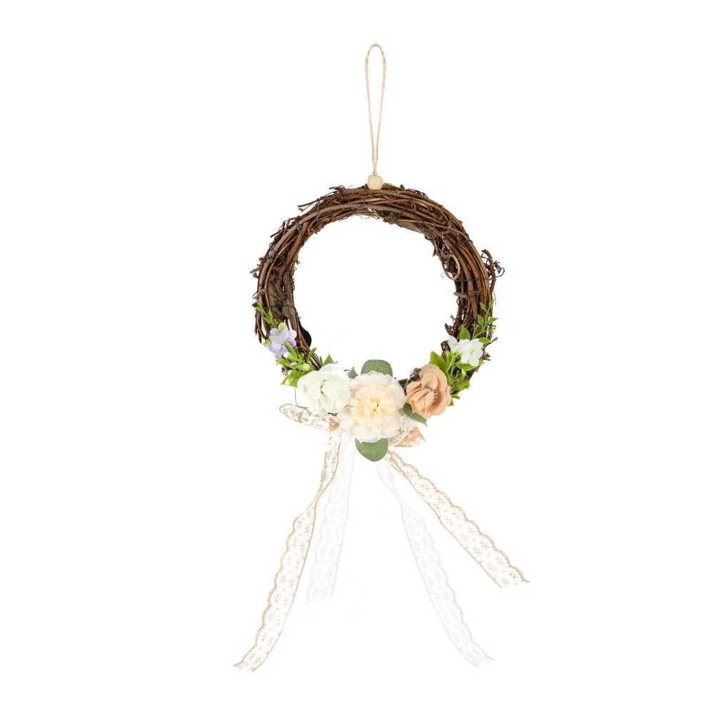 Braided wreath with flowers and ribbons - brown, 20 cm