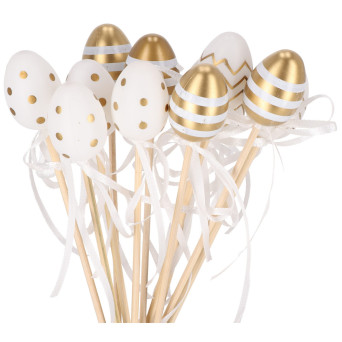 Easter speckled eggs on a stick - white and gold, 4 cm, 12 pcs.