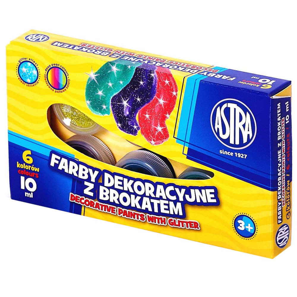 Zestaw farb dekoracyjnych - Astra - brokatowe, 6 kolorów x 10 ml