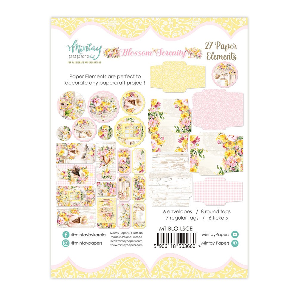 Zestaw papierowych tagów i kopert - Mintay - Blossom Serenity, 27 szt.