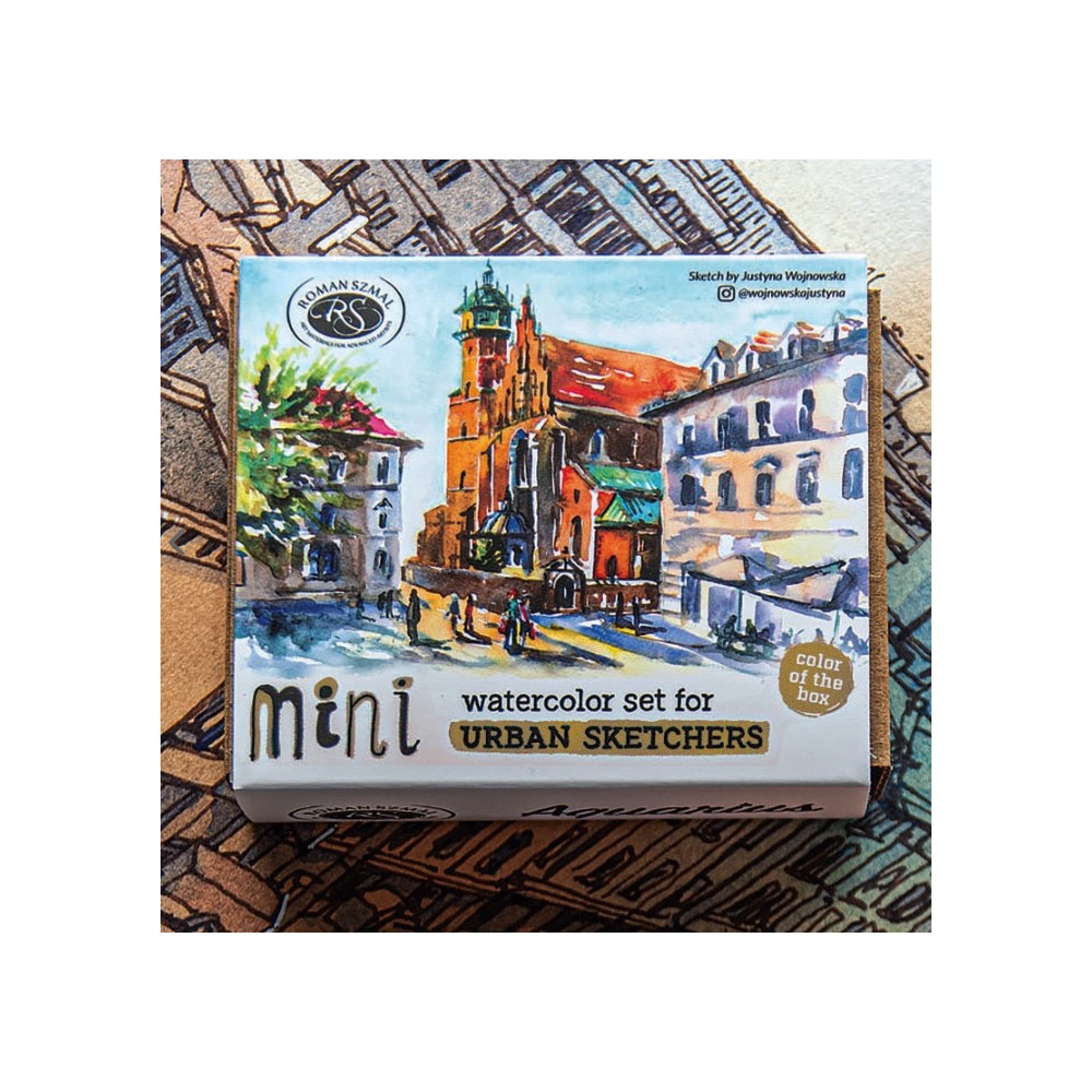 Zestaw akwareli Aquarius w półkostkach Mini Urban Sketchers - Roman Szmal - Gold, 8 kolorów