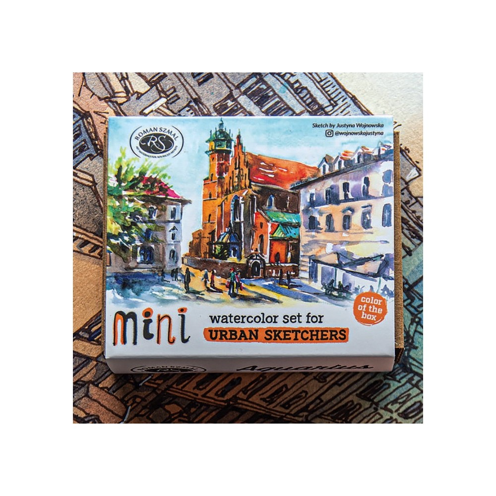 Zestaw akwareli Aquarius w półkostkach Mini Urban Sketchers - Roman Szmal - Apricot, 8 kolorów