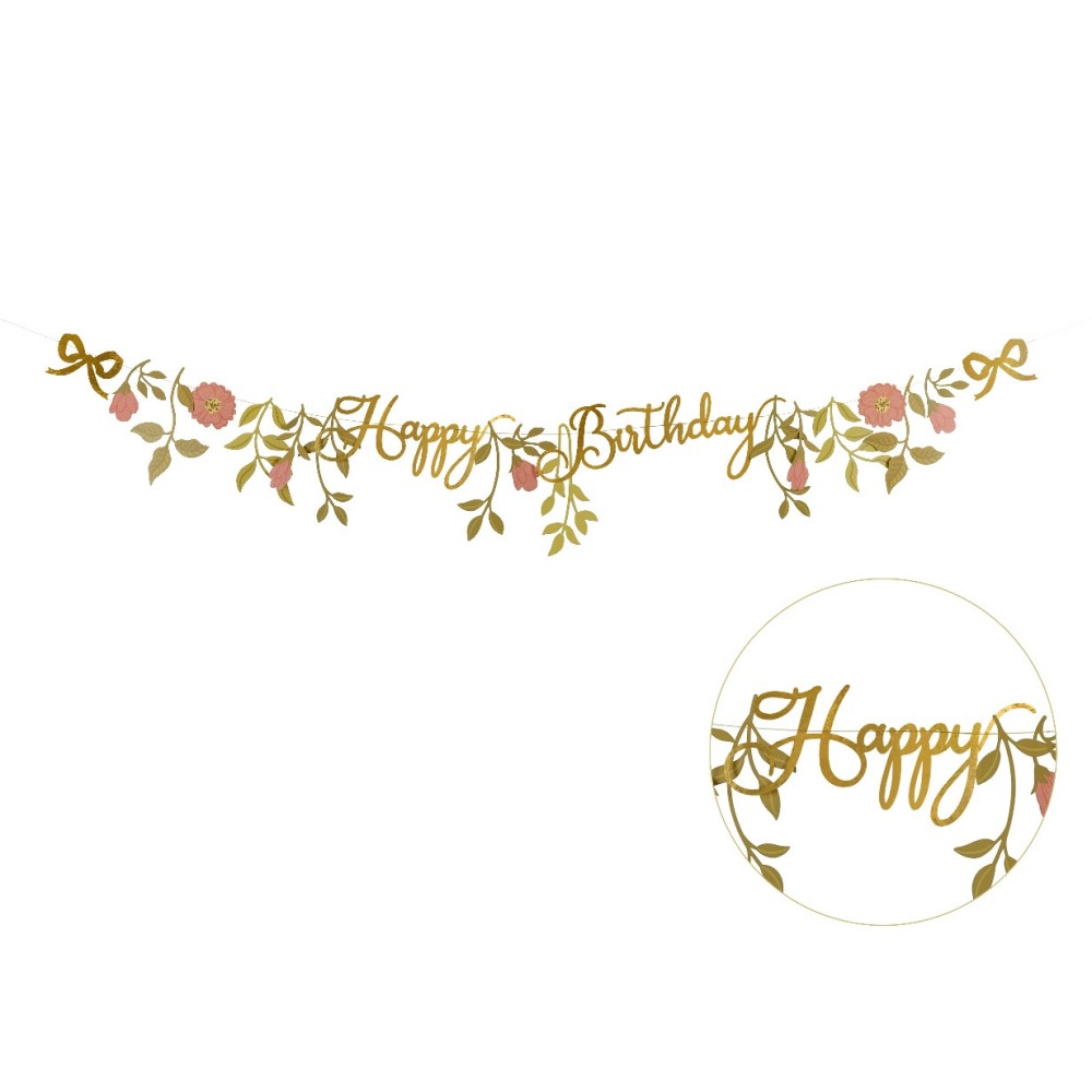 Baner Happy Birthday Kwiaty - złoty, 18,3 cm x 1,3 m