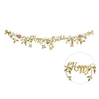 Happy Birthday Flowers banner - gold, 18,3 cm x 1,3 m