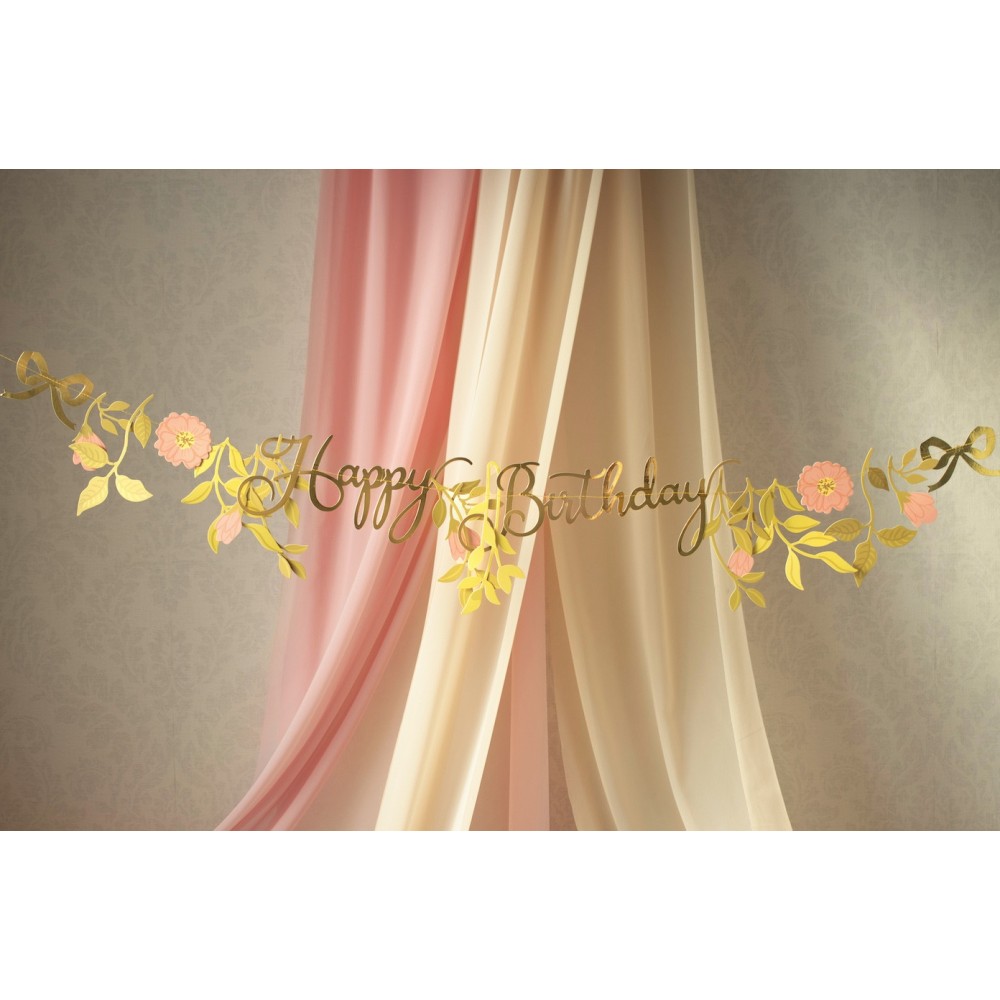 Happy Birthday Flowers banner - gold, 18,3 cm x 1,3 m