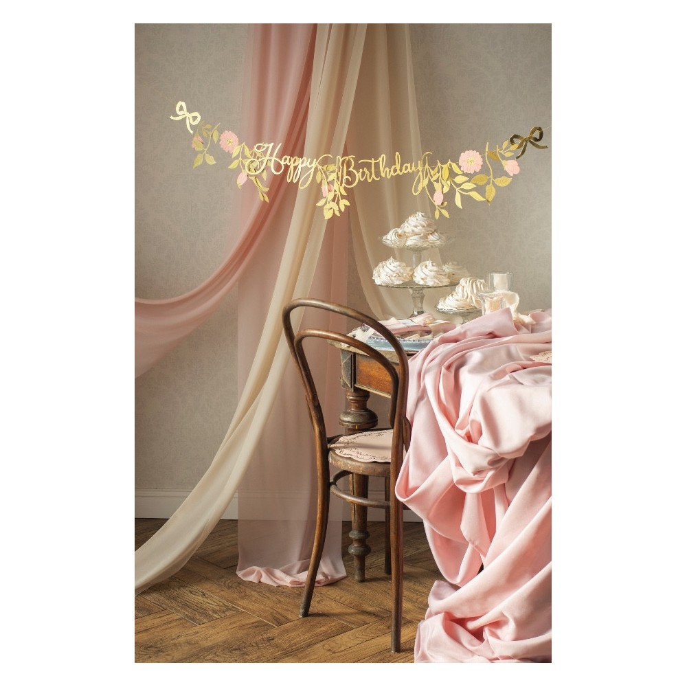 Happy Birthday Flowers banner - gold, 18,3 cm x 1,3 m