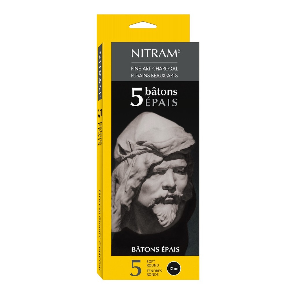 Bâtons Épais fine art charcoal - Nitram - B, Soft, 12 mm, 5 pcs.