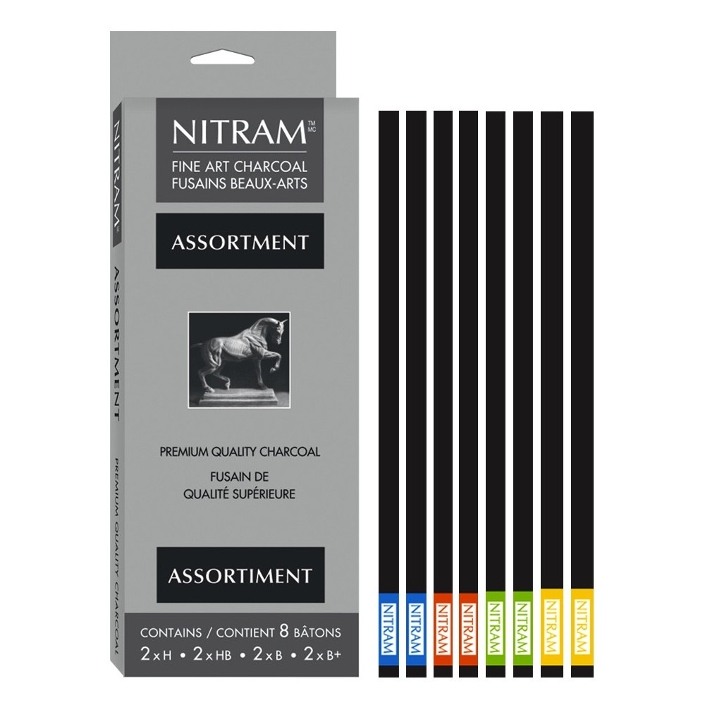 Assortment fine art charcoal set - Nitram - B+, B, HB, H, 8 pcs.