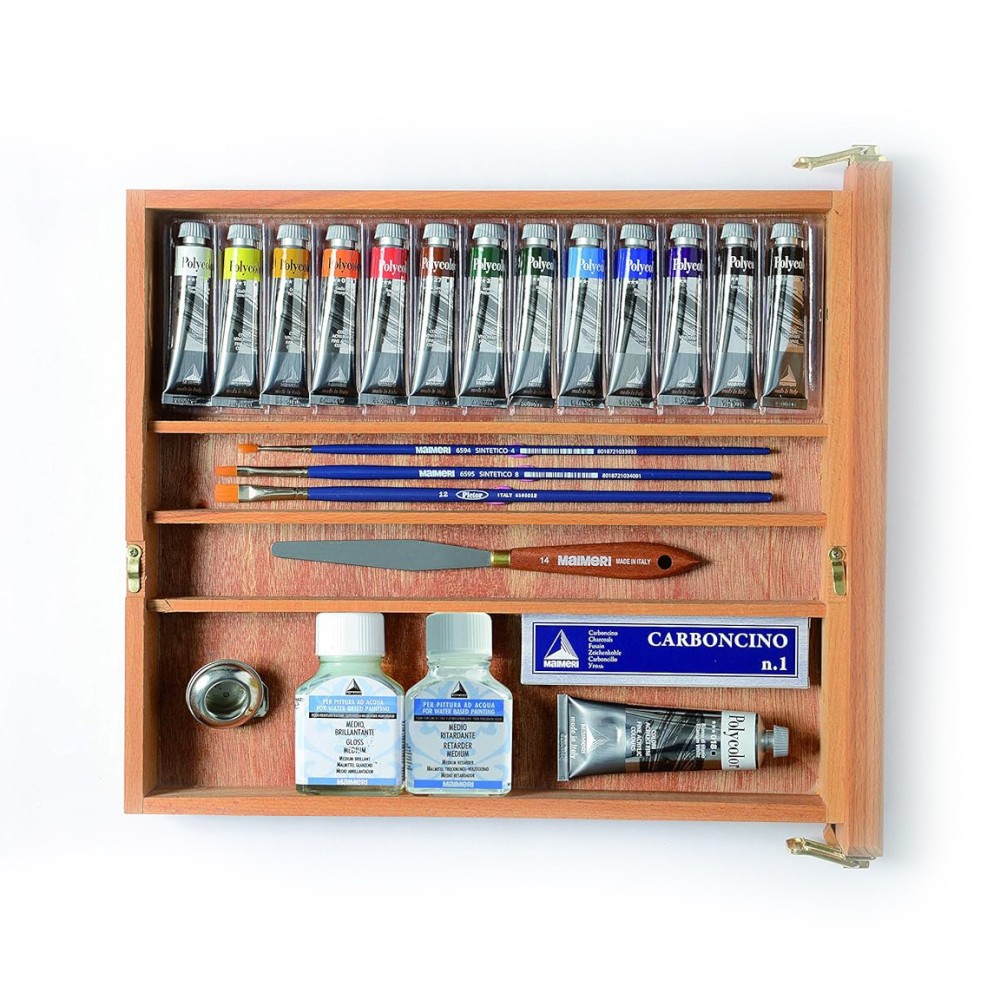 Set of Polycolor acrylic paints with easel - Maimeri - 13 x 20 ml