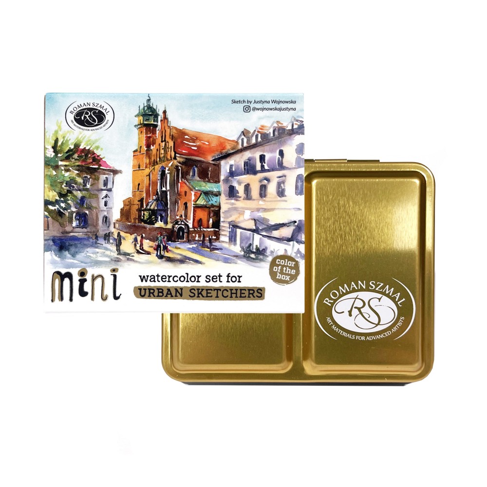 Zestaw akwareli Aquarius w półkostkach Mini Urban Sketchers - Roman Szmal - Gold, 8 kolorów