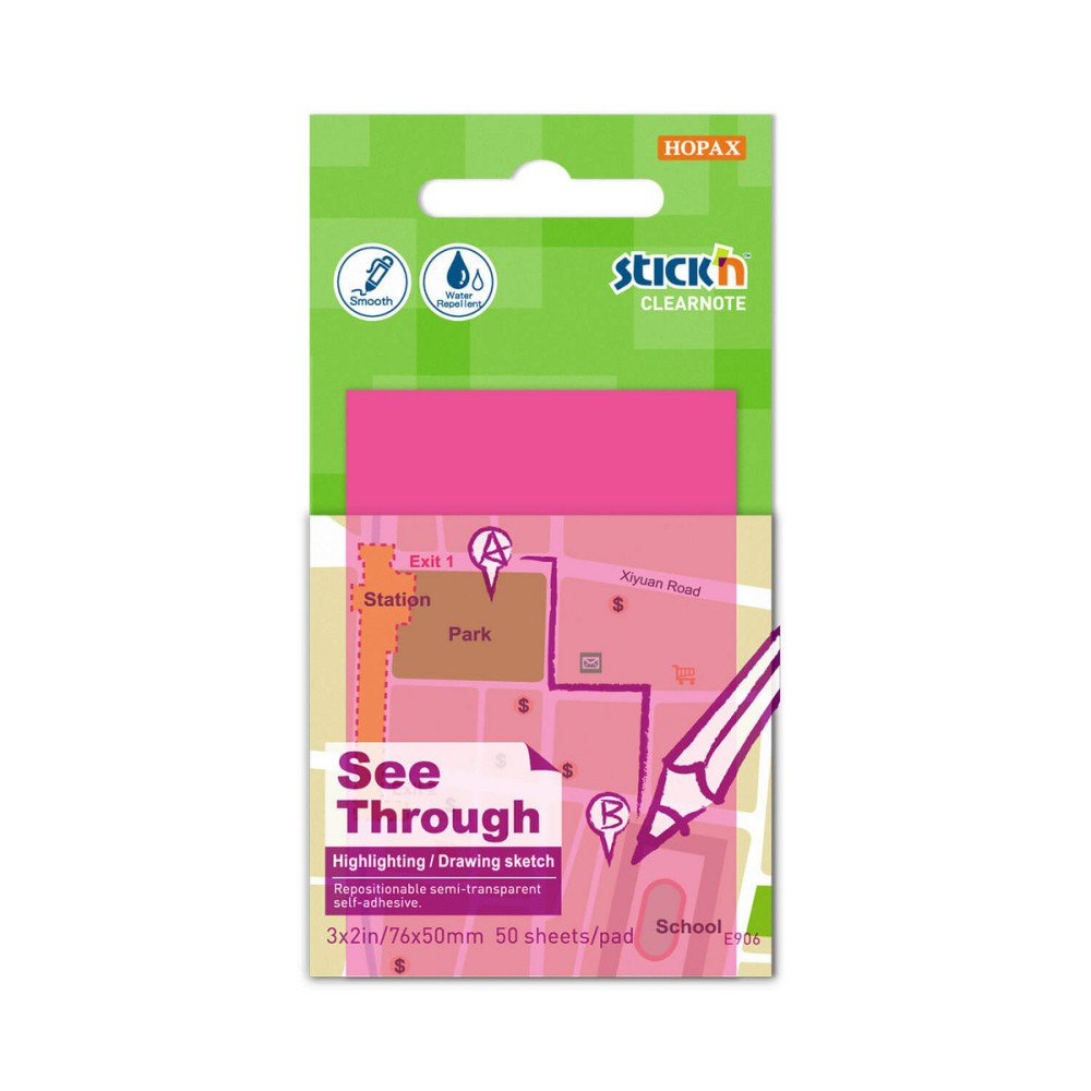 See through sticky notes Stick'N - pink, 7,6 x 5,1 cm, 50 pcs.