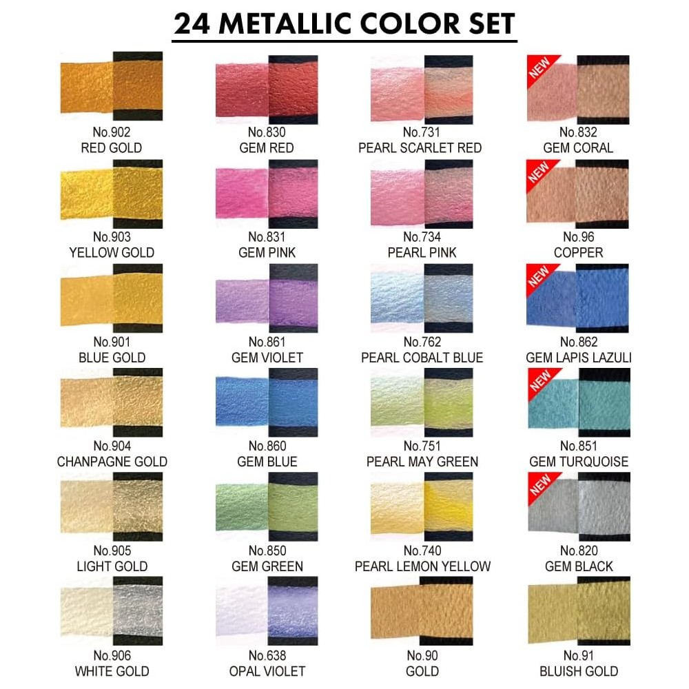 Zestaw farb akwarelowych Gansai Tambi Metallic - Kuretake - 24 szt.