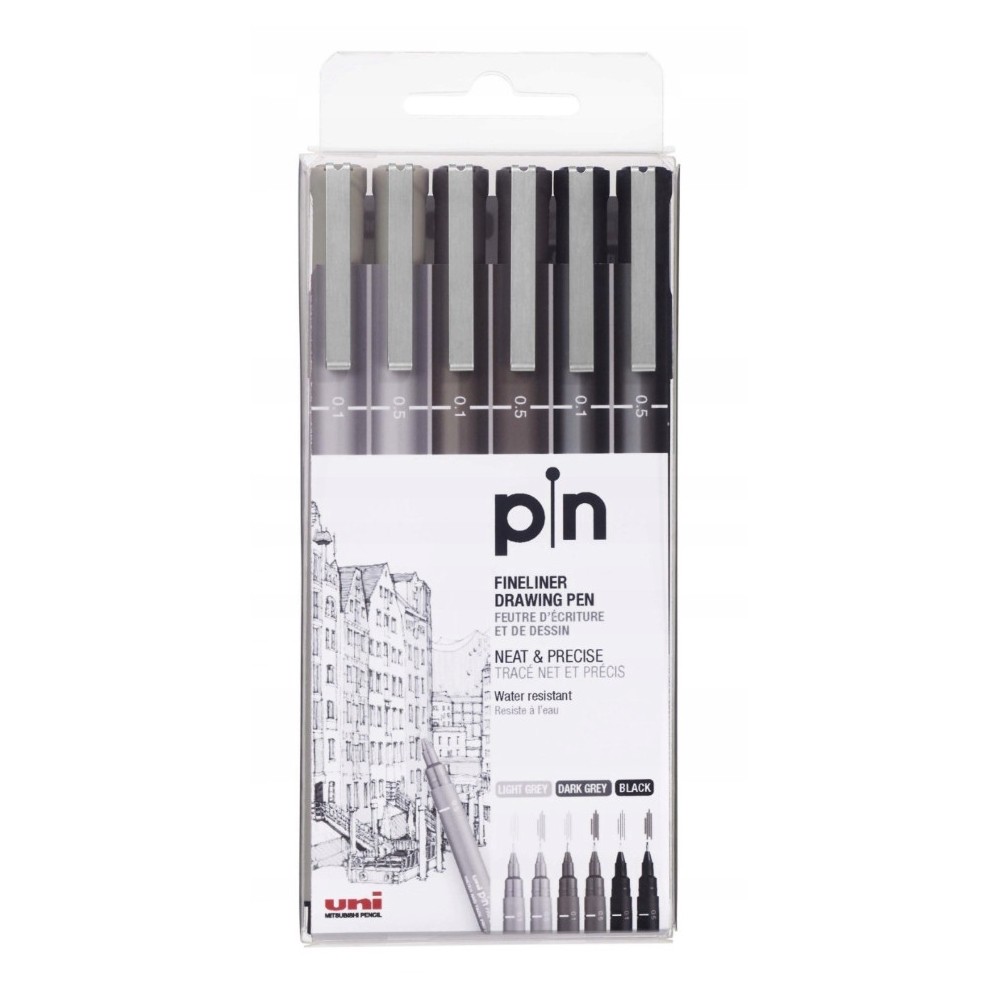 Set of fineliner pens Pin 200 - Uni - grey and black, 6 pcs.