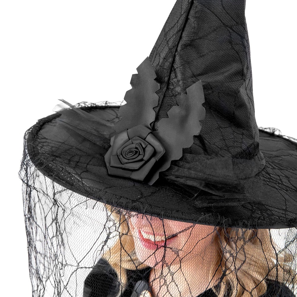 Halloweenowy kapelusz czarownicy z koronką i różą - czarny 40 x 33 cm