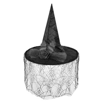 Halloweenowy kapelusz czarownicy z koronką i różą - czarny 40 x 33 cm