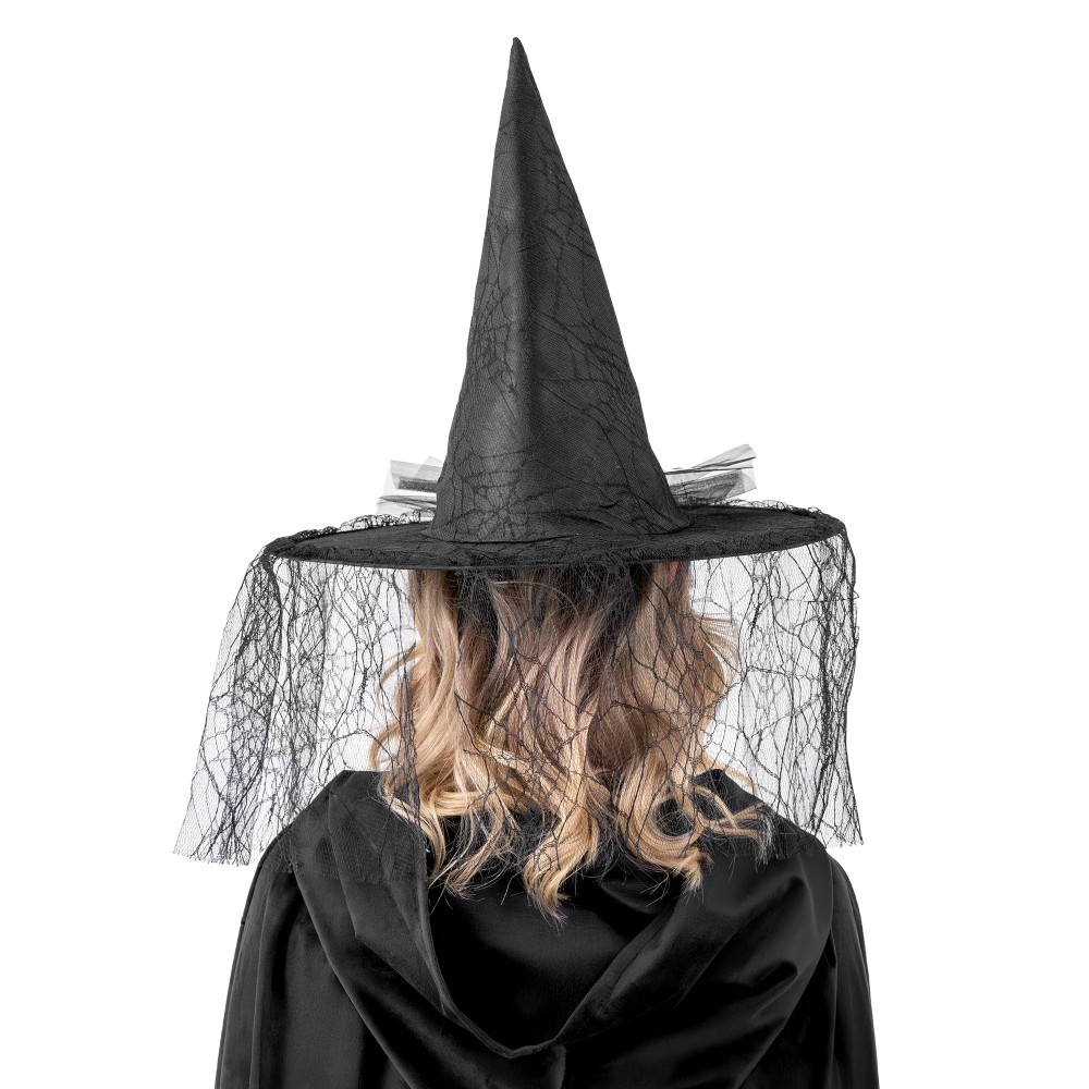 Halloween witch hat with lace and decorative rose black - 40 x 33 cm