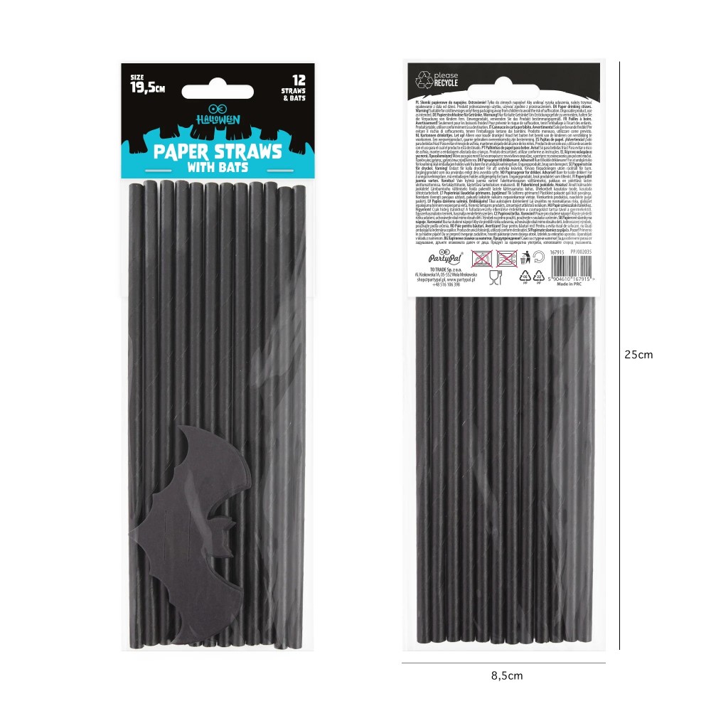 Halloween straws with bats - black 20 cm 12 pcs.