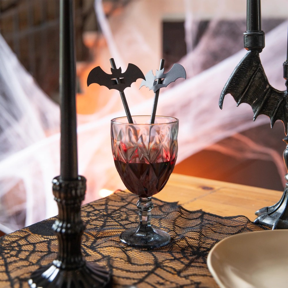 Halloween straws with bats - black 20 cm 12 pcs.