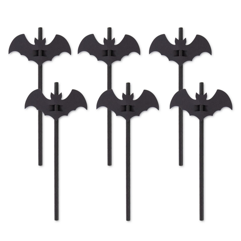 Halloween straws with bats - black 20 cm 12 pcs.