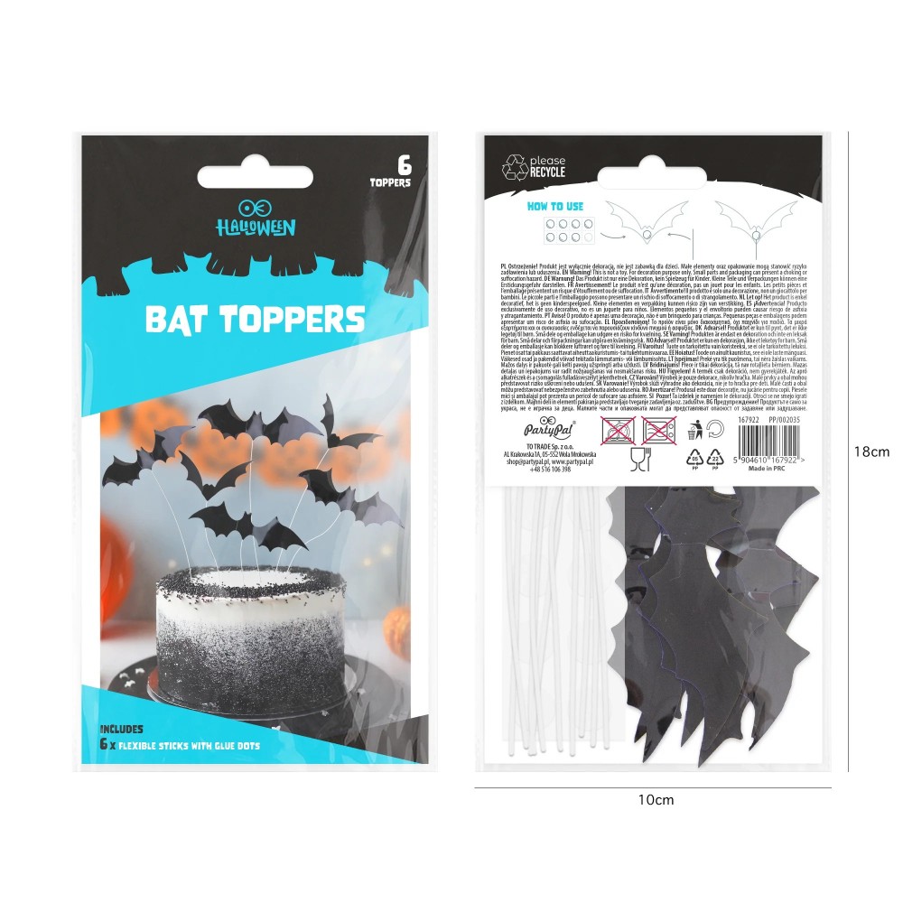 Toppery halloweenowe na tort Nietoperze - 6 szt.