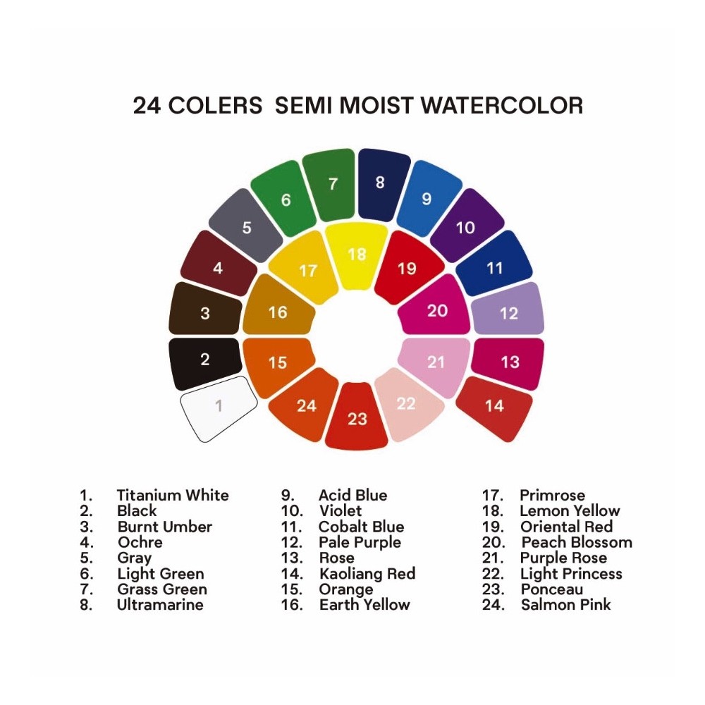 Set of Semi-Moist watercolors - HIMI - Green 24 pcs.
