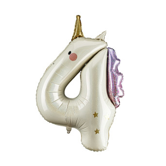 Foil balloon Number 4 Unicorn - cream holo 93 cm