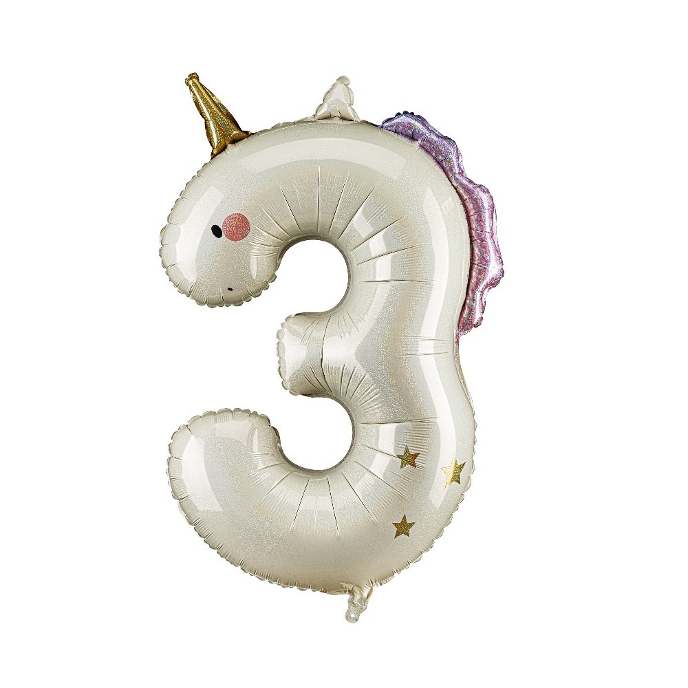 Foil balloon Number 3 Unicorn - cream holo 93 cm