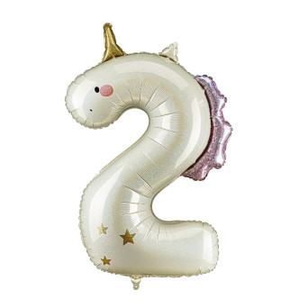 Foil balloon Number 2 Unicorn - cream holo 93 cm