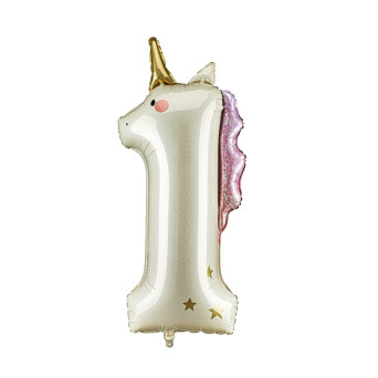 Foil balloon Number 1 Unicorn - cream holo 93 cm