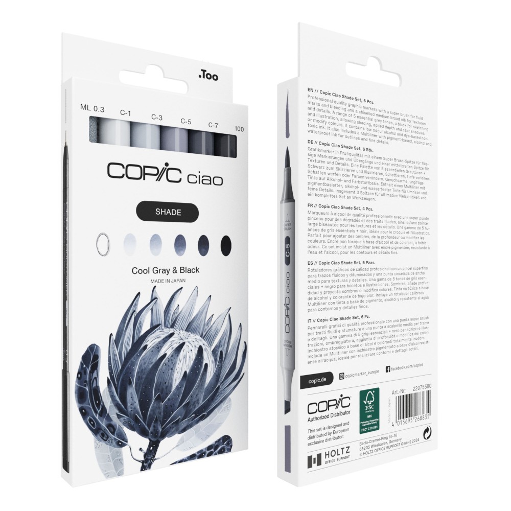 Set of Copic Ciao Shade dual-tip alcohol-based markers - Cool Gray & Black 6 pcs