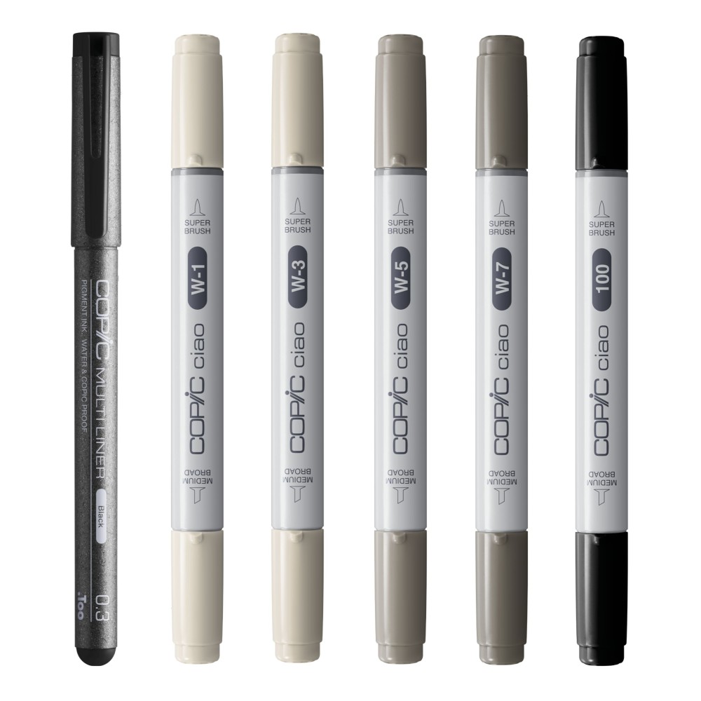 Set of Copic Ciao Shade dual-tip alcohol-based markers - Warm Gray & Black 6 pcs
