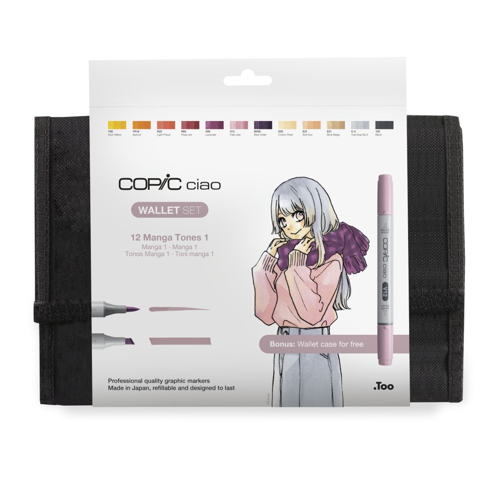 Set of Copic Ciao Manga Tones 1 dual-tip alcohol-based markers - 12 pcs
