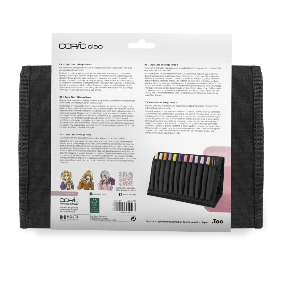 Set of Copic Ciao Manga Tones 1 dual-tip alcohol-based markers - 12 pcs