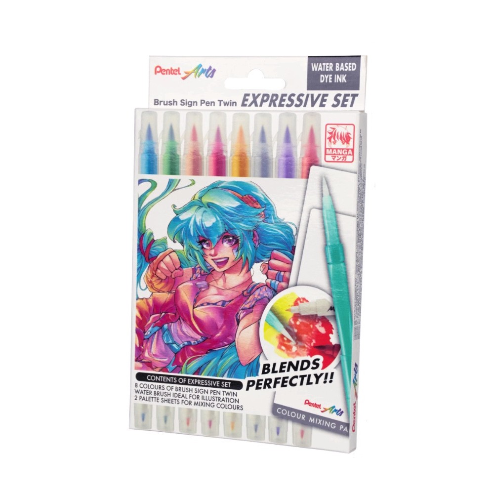 Set of Brush Sign Pen Twin Set Manga - Pentel - 8 pcs.