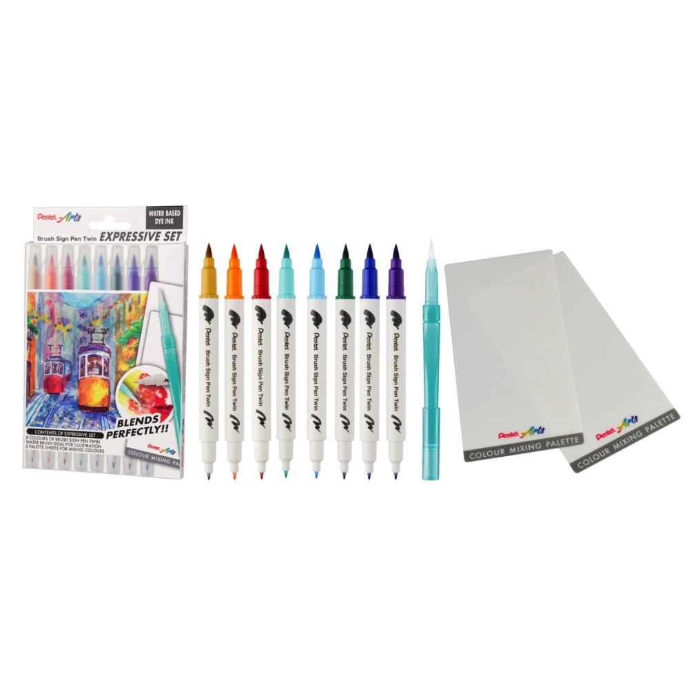 Set of Brush Sign Pen Twin Set Landscape - Pentel - 8 pcs.