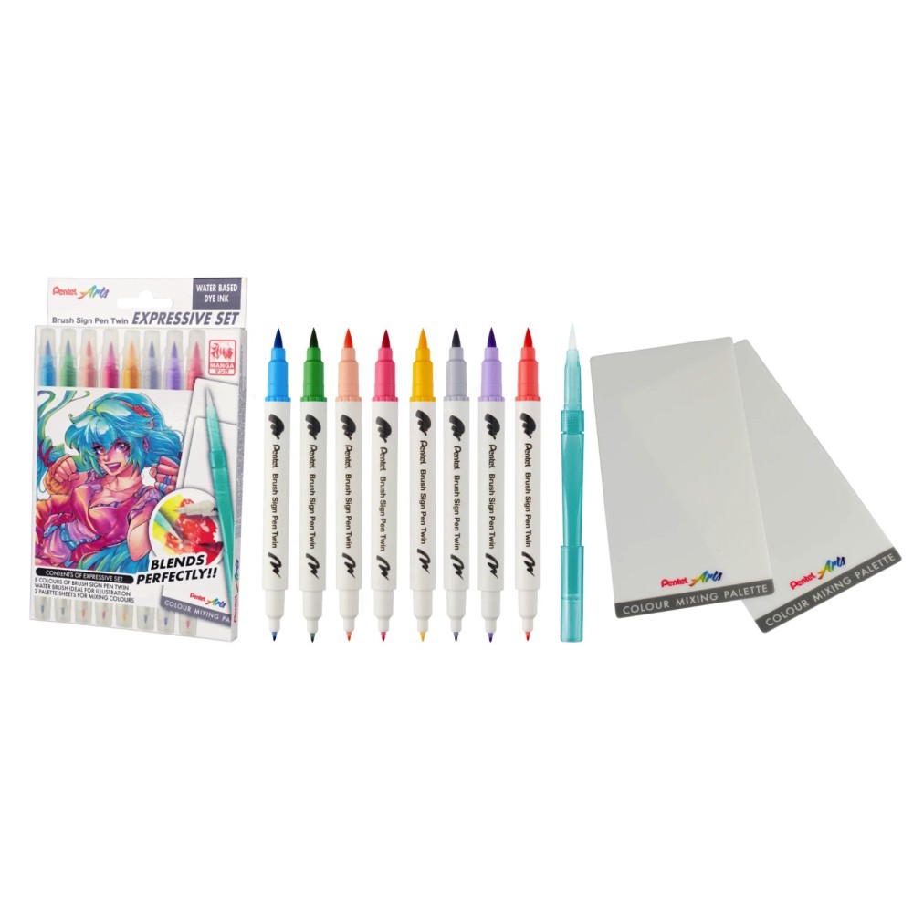 Set of Brush Sign Pen Twin Set Manga - Pentel - 8 pcs.