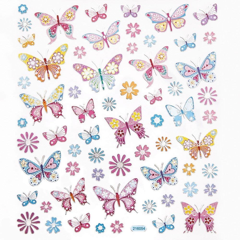 Stickers - Pastel butterflies & flowers, 63 pcs
