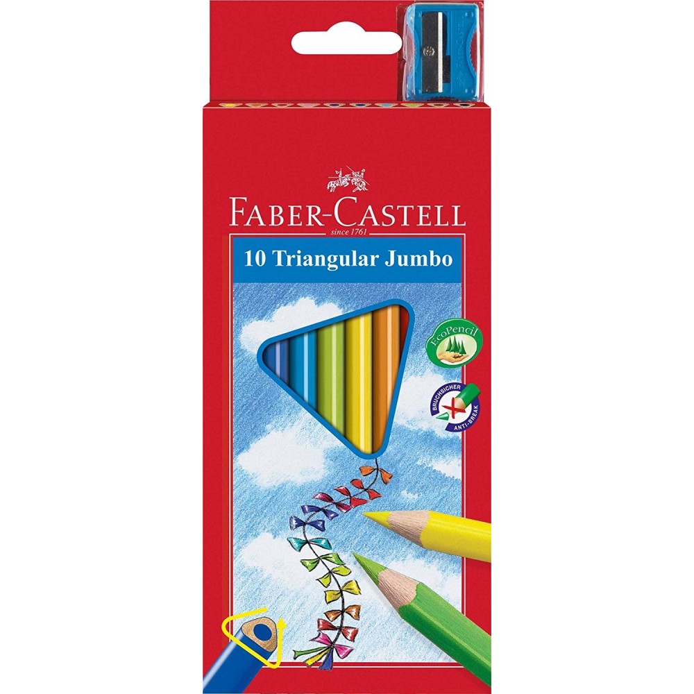 Kredki trójkątne Jumbo + temperówka - Faber-Castell - 10 kolorów