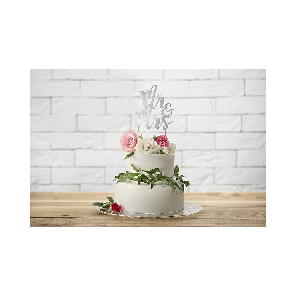Topper na tort Mr&Mrs, srebrny 25,5 cm