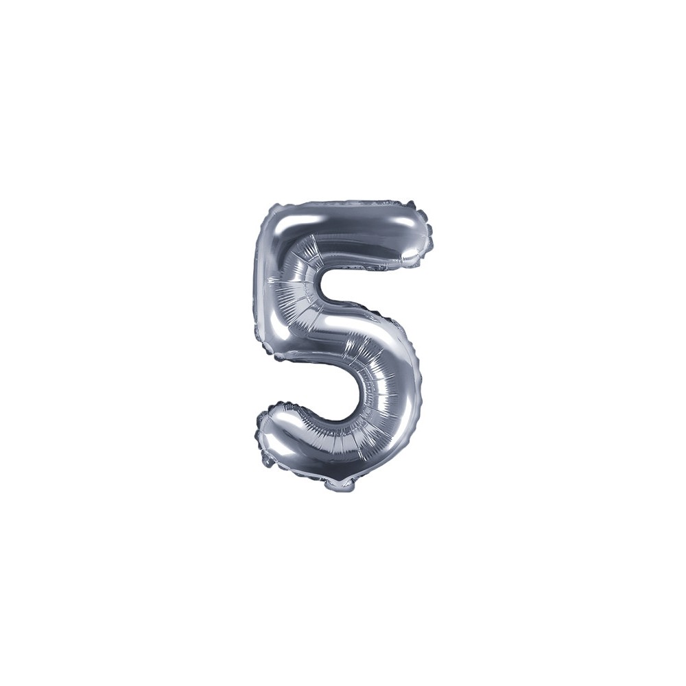 Balon foliowy cyfra 5 - srebrny, 35 cm