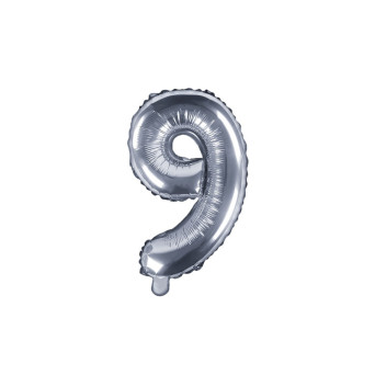 Balon foliowy cyfra 9 - srebrny, 35 cm